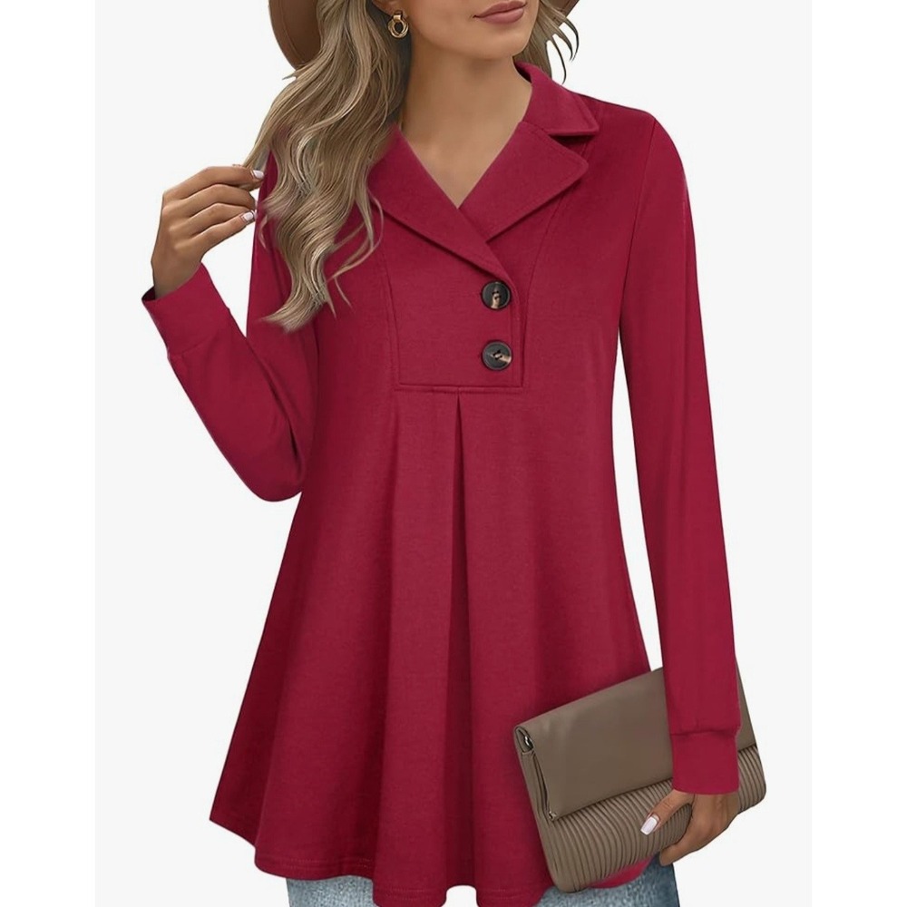 R#26 Gaharu Burgundy Long Sleeve Collared‎ Tunic Top XL